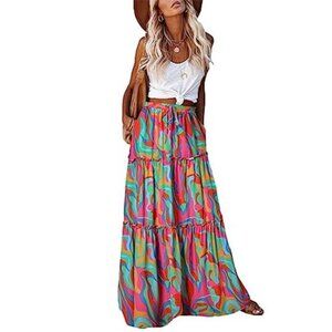 Boho Maxi Skirt High Waist Tie Flowy Summer Beach Skirt Multicolor  with Pockets